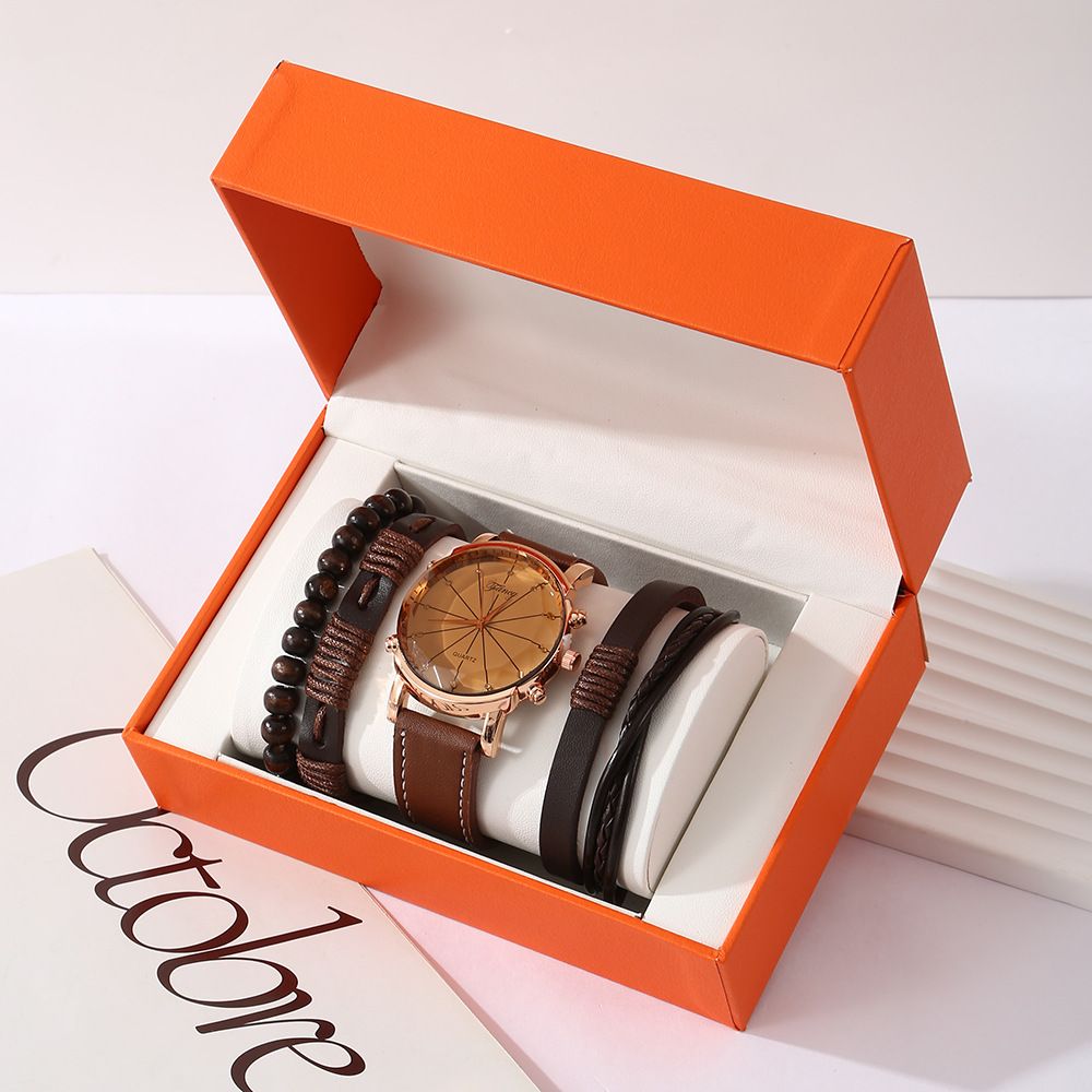 Men’s Vintage Quartz Watch 5‑Piece Gift Set, Leather Wrist Watch with 3 Braided Bracelets, Complete Orange Gift Box, Practical Father's Day Gifts for Dad Husband