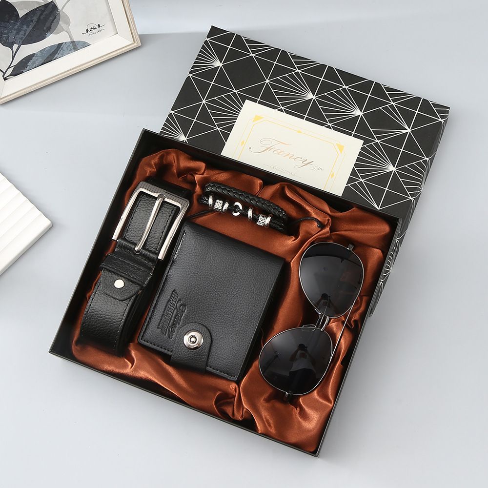 Men’s 4‑Piece Gift Set, Wallet + Belt + Sunglasses + Braided Bracelet, Premium Gift Box, Practical Father's Day Gifts for Dad Husband, Black