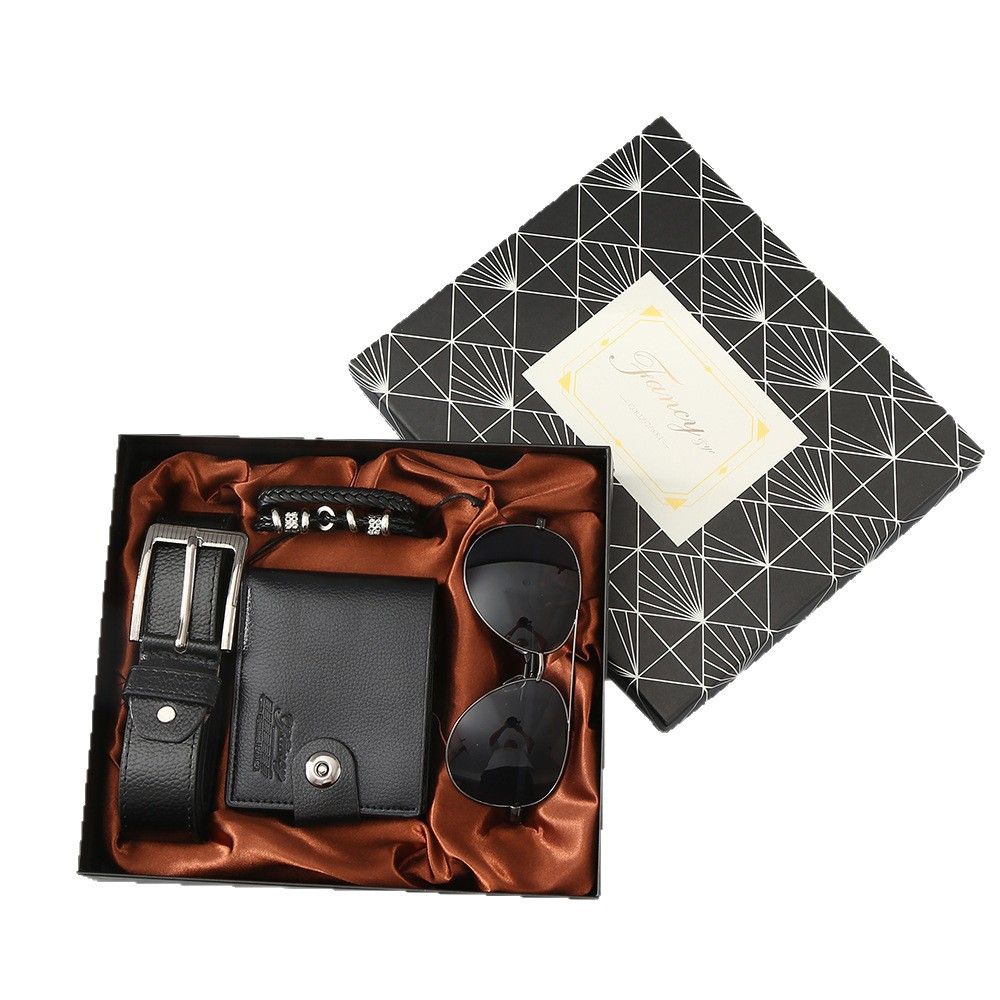 Men’s 4‑Piece Gift Set, Wallet + Belt + Sunglasses + Braided Bracelet, Premium Gift Box, Practical Father's Day Gifts for Dad Husband, Black