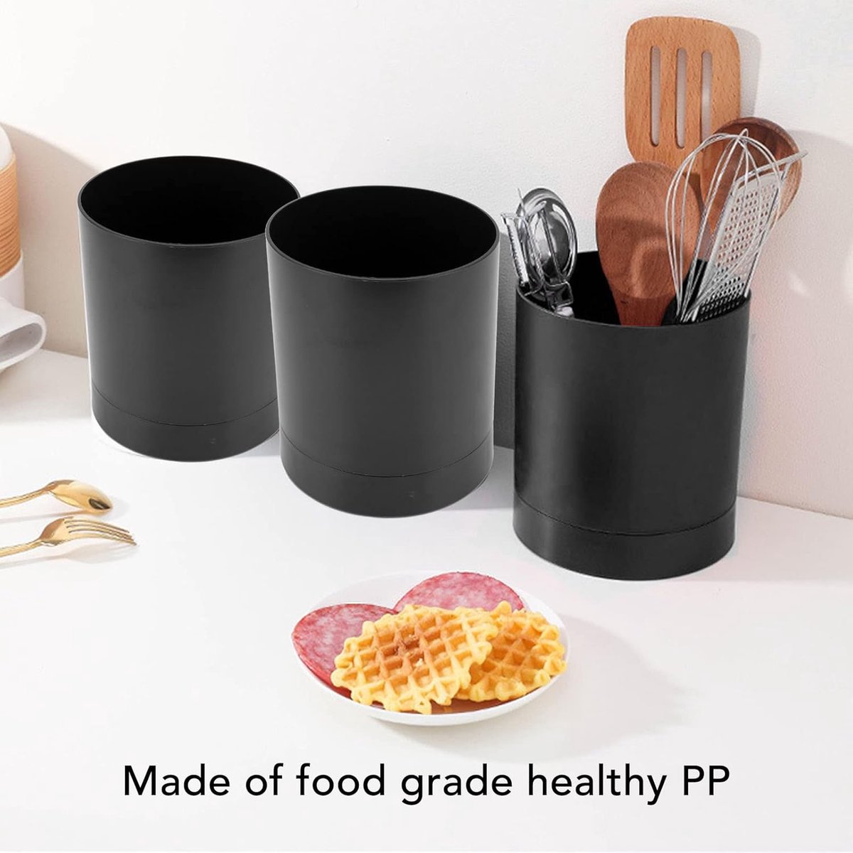 Kitchen utensil holder, large countertop kitchen utensil holder, 360-degree rotating simple chopsticks basket, kitchen cutlery holder with compartment design for home (black)