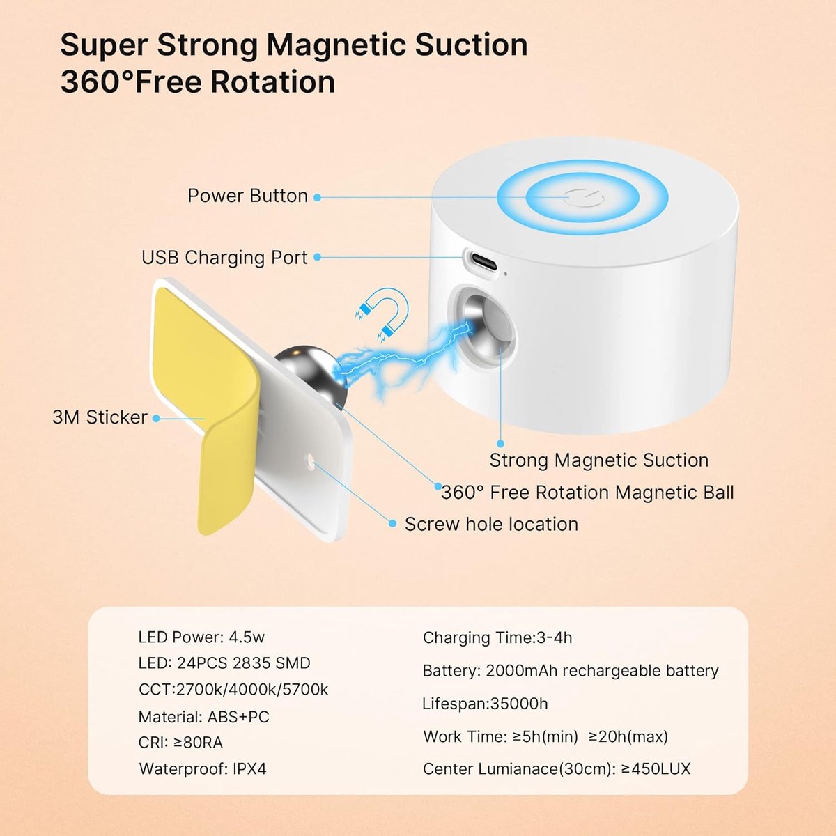 Wireless Rechargeable LED Wall Lamp Indoor White - 3 Colors/3 Brightness Levels - 360° Rotatable