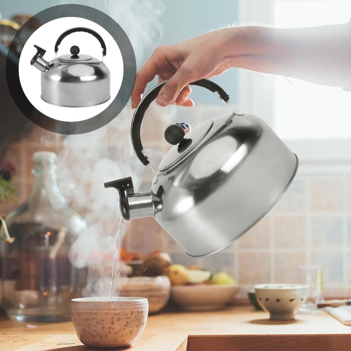 Whistling kettle - Food-grade stainless steel - Boils water quickly - 2-liter coffee maker - With insulated handle - Suitable for camping