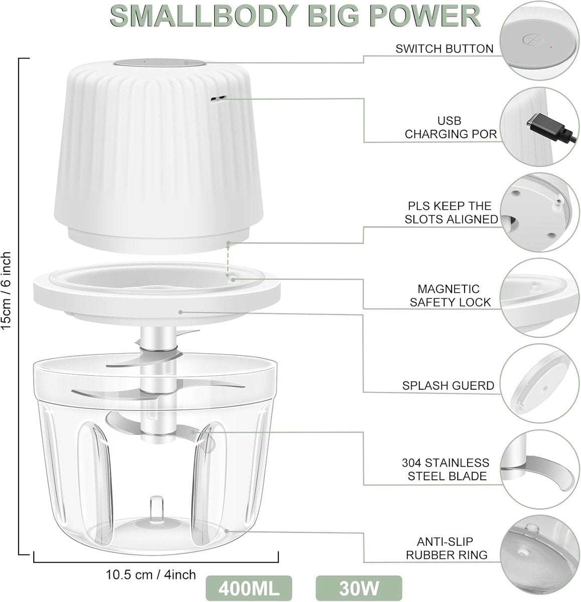 Kitchen Mixer - 400ML Large Capacity - 6 Blades Chopper - USB Rechargeable - Kitchen Must-Have for Home Use