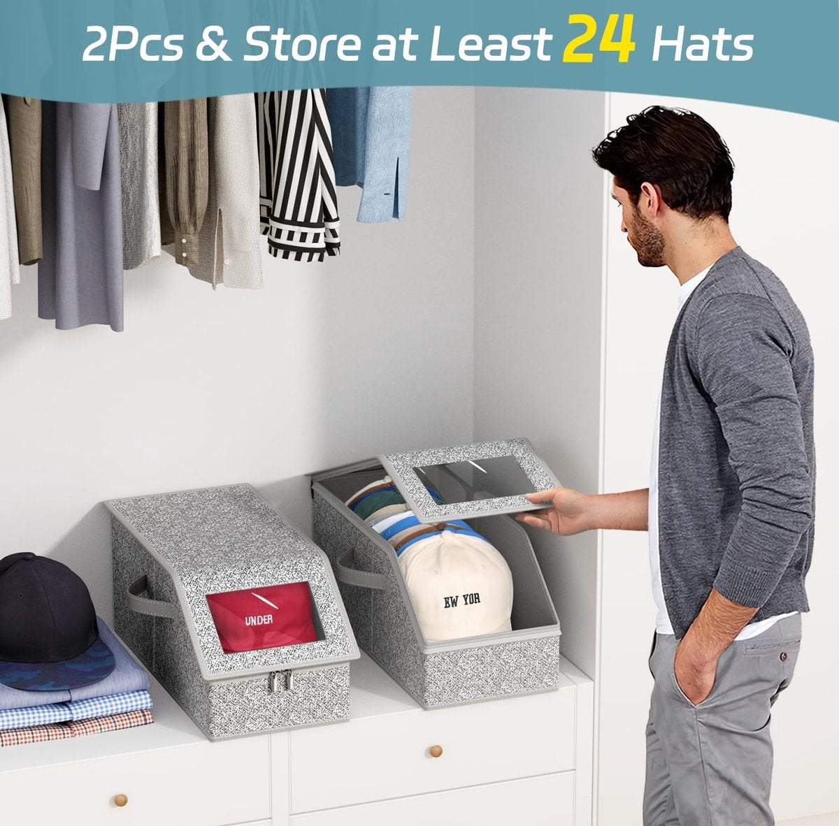 2-Pack Storage Boxes for Caps - Storage Solution for Up to 24 Baseball Caps - Stackable 2-in-1 Hat Box