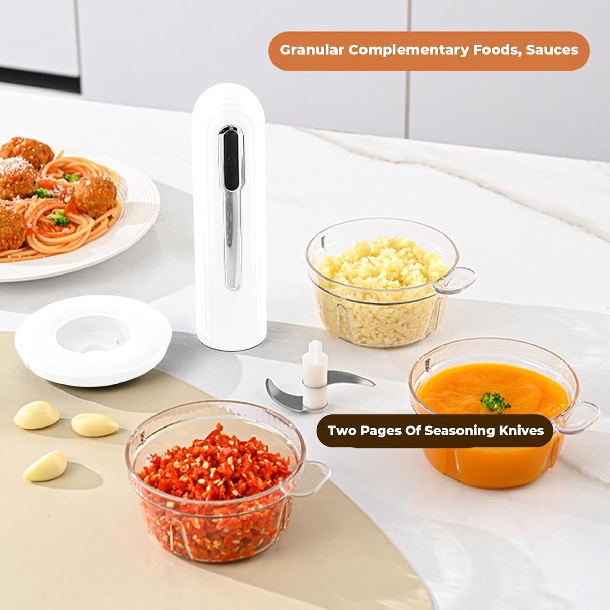 Food Processor - Cordless and USB-C Rechargeable - 4 Cups for Portion Control - Powerful Stainless Steel Blade - for Small Kitchens and Camping