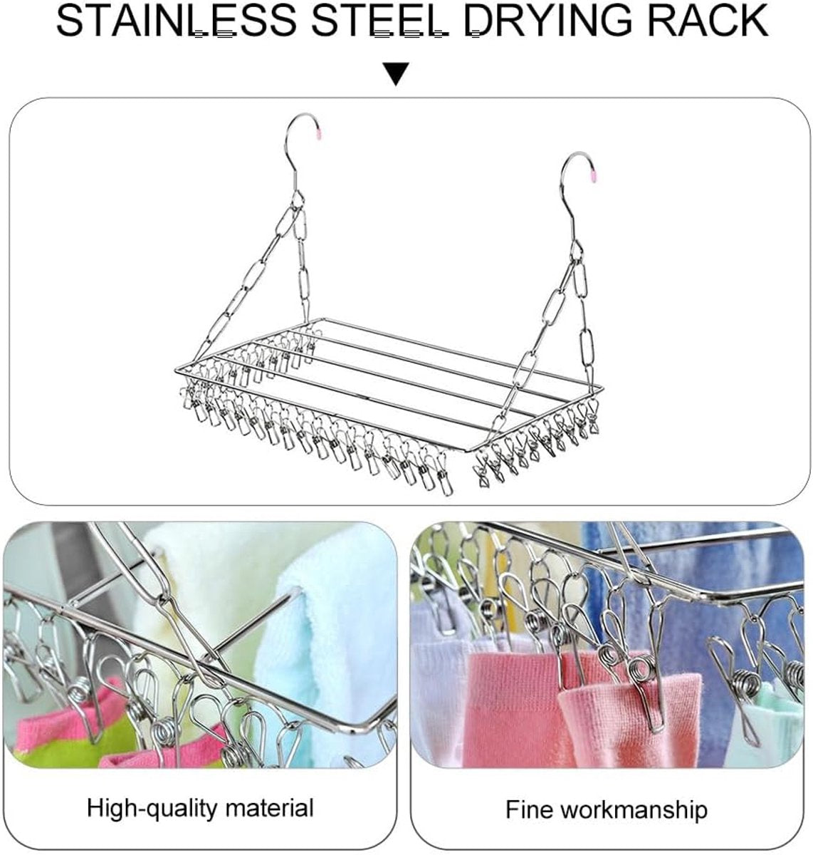 Drying Rack - 36 Stainless Steel Clips - Reinforced No Deformation - Socks and Underwear Drying Rack for Home Laundry Room