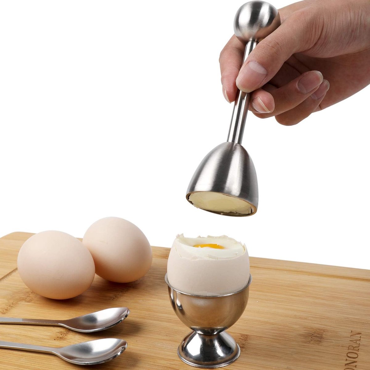 Egg Opener - Egg Separator - Eggshell Opener - Soft and Hard-Boiled Egg Separator - Includes 2 Egg Spoons, 2 Egg Cups and 1 Egg Opener - Top Slicer, Stainless Steel - Breakfast Kitchen Utensils