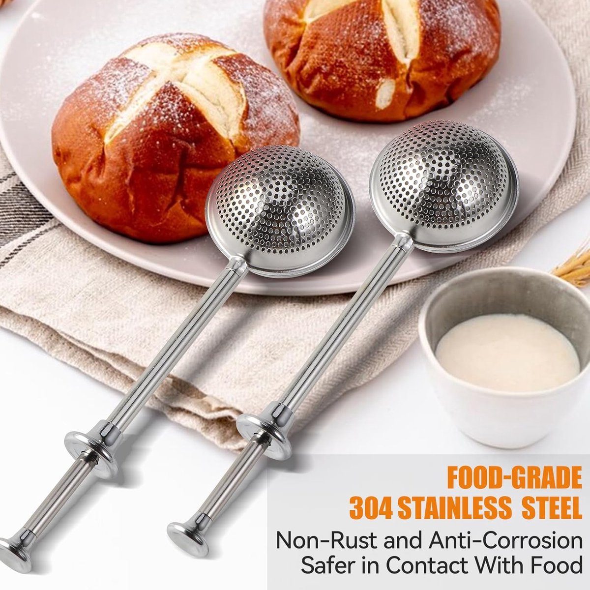 Flour Sieve - 304 Stainless Steel Fine Kitchen Sieve - Long-handled kitchen sieve - Handy Dusting Tool with Fine Mesh - Ideal for Powdered Sugar and Spices