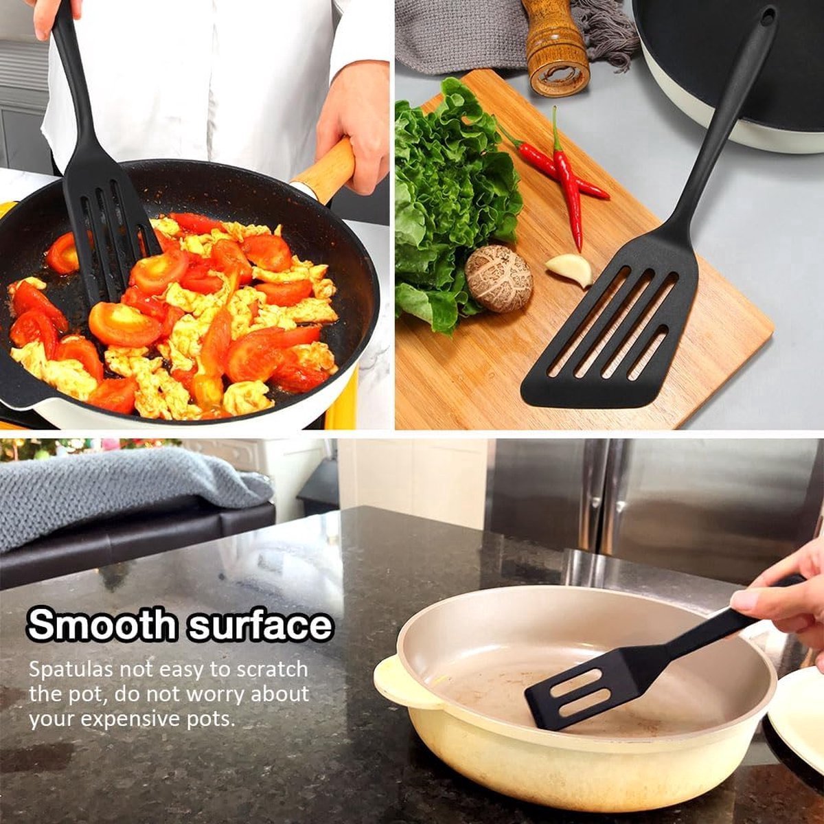 Spatula Set of 3 - Silicone Spatula - BPA Free - Spatulas - Heat Resistant - Non-stick - Anti-Slip - Hangable - Dishwasher Safe - Kitchen Utensils - Scraper - Whisk - Baking Spatula - Spatula - Black - Value Set