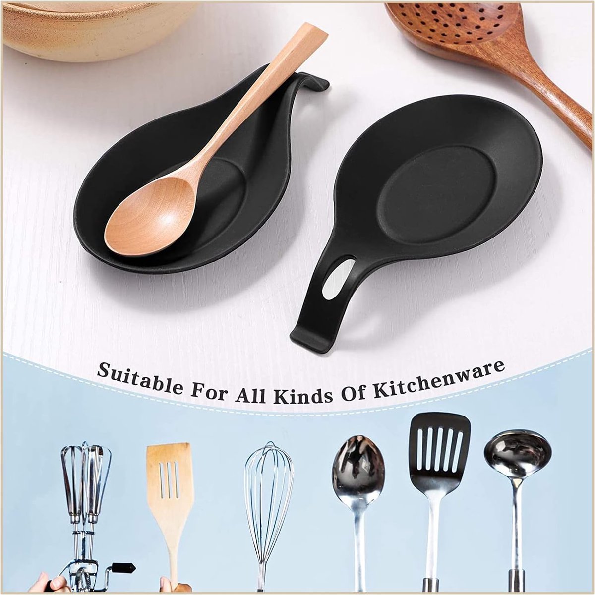 2 Pieces Matte Black Spoon Holder - Kitchen Home Spoon Holder - Silicone Spoon Holder - for kitchen, home, dining room, cutlery storage - Dishwasher safe (Black - 20 cm)