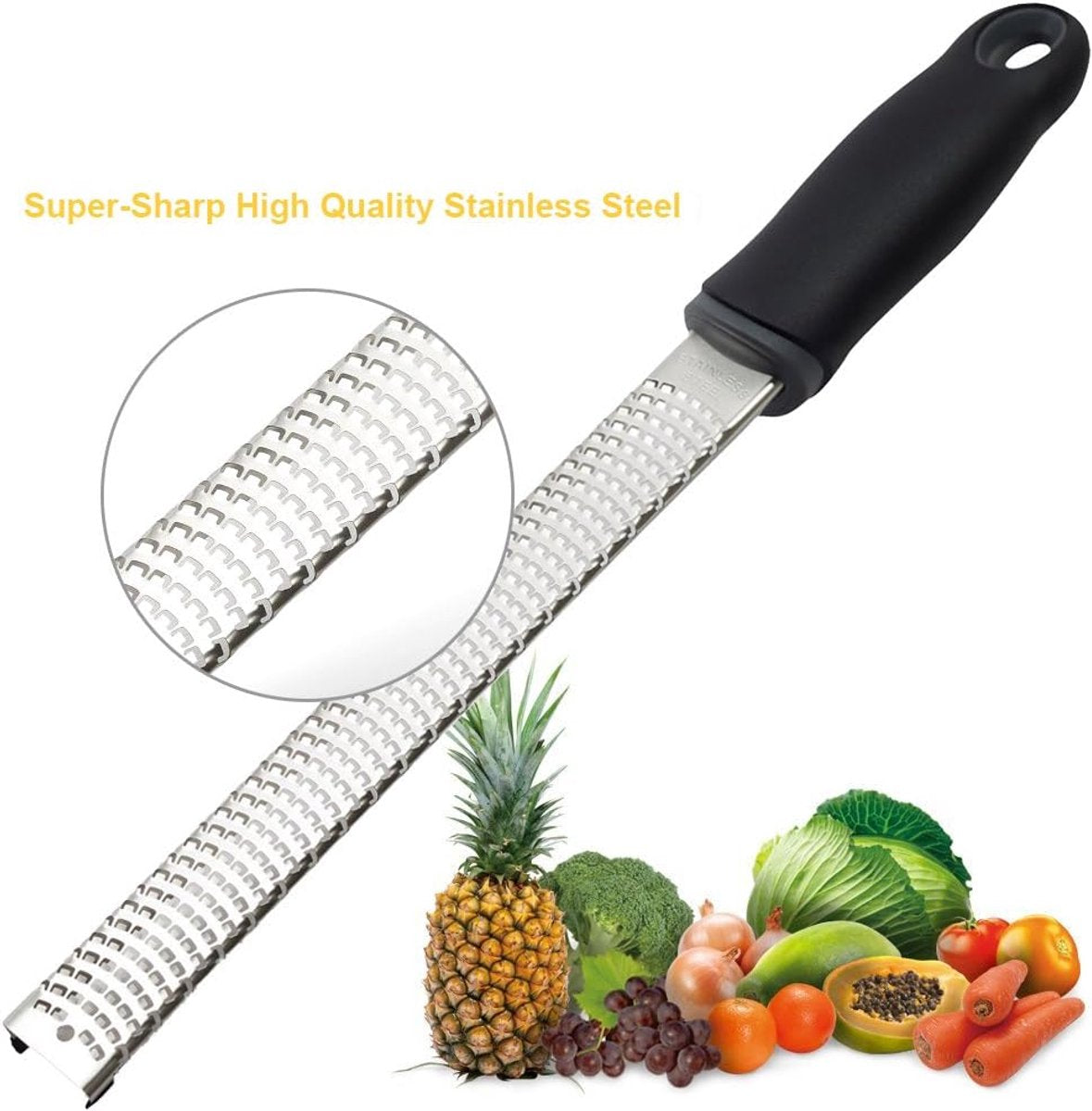 Grater - Professional zester - Fast and efficient Lemon grater - Multifunctional Long hand grater - Cheese grater - Ginger grater - Garlic grater - Narrow long grater - Kitchen grater - ergonomic soft handle - High-quality stainless steel - Black