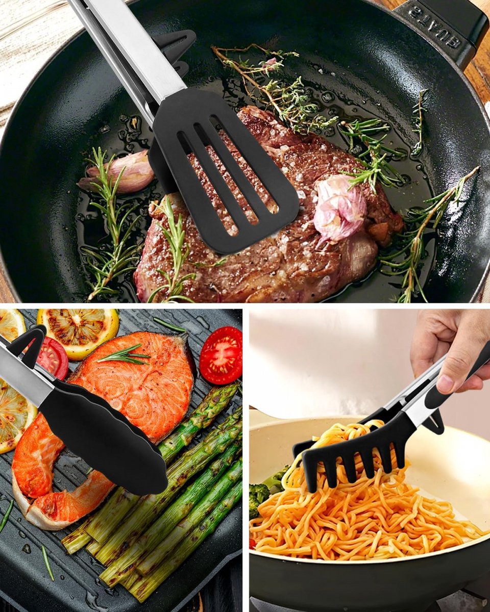 Meat Tongs - Set of 3 - Kitchen Tongs - Spaghetti Tongs - Pasta Tongs - Serving Tongs - Cooking Tongs - With Support Feet and Hanging Holes - Salad Tongs - Asparagus Tongs - BBQ Tongs - BBQ Accessories - Stainless Steel and Silicone - Kitchen Utensils - F