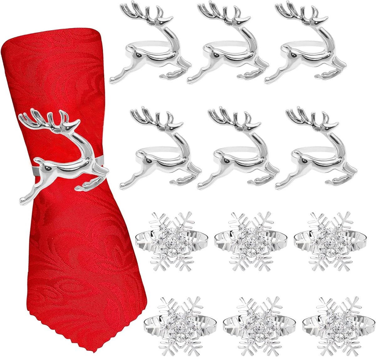 Napkin Rings for Christmas - 12 Pieces - Moose & Snowflakes - Silver Napkin Ring - Napkin Rings Table Decoration - Napkin Rings for Christmas, Thanksgiving, Wedding