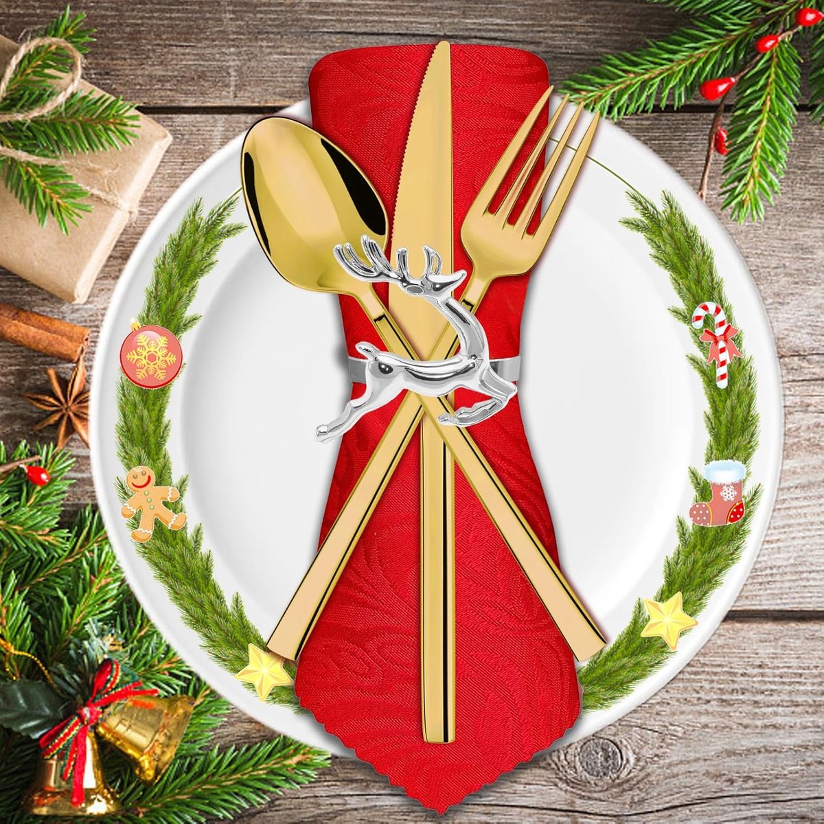 Napkin Rings for Christmas - 12 Pieces - Moose & Snowflakes - Silver Napkin Ring - Napkin Rings Table Decoration - Napkin Rings for Christmas, Thanksgiving, Wedding