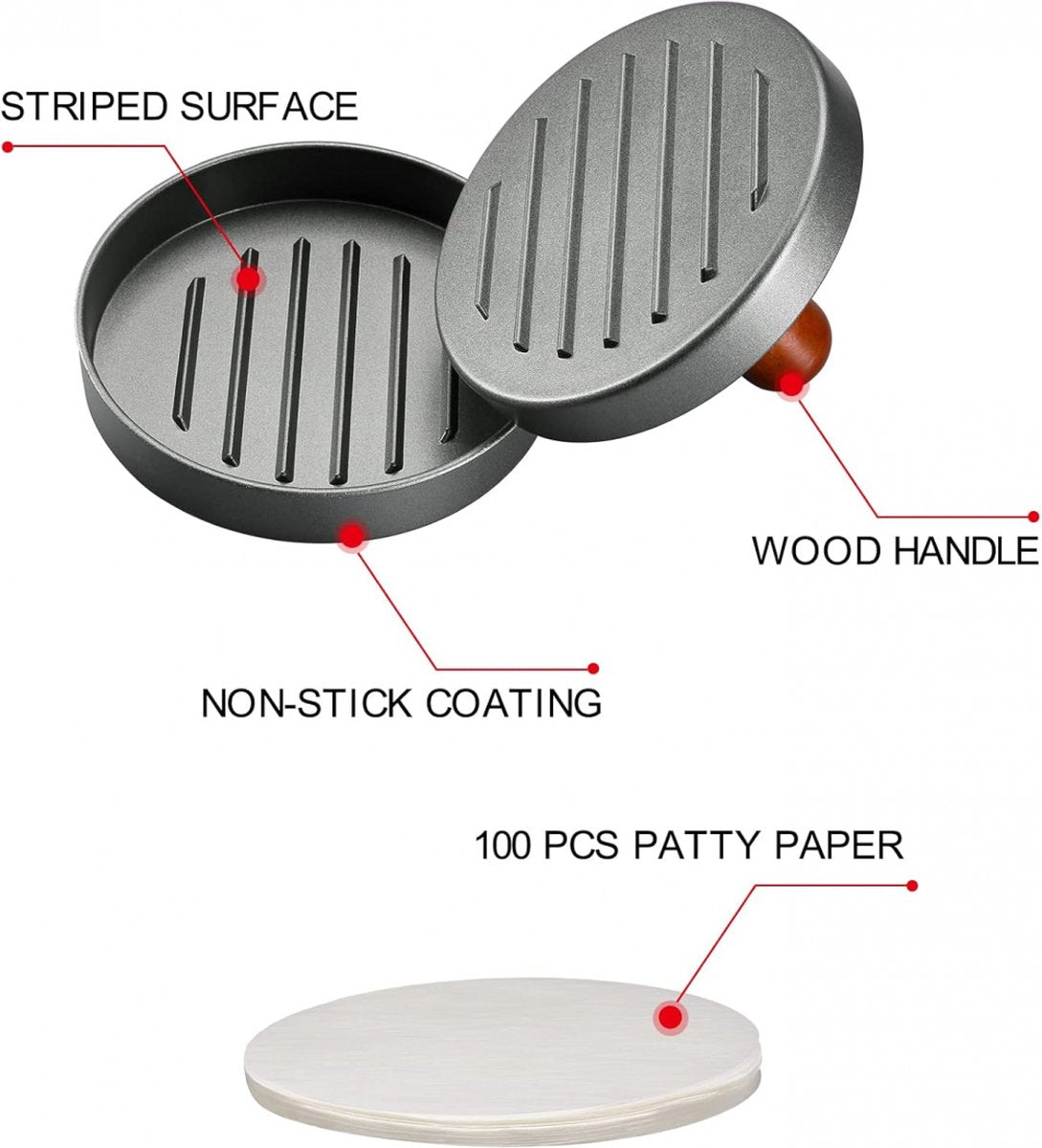 Hamburger Press - Stainless Steel - Hamburger Maker - Burger Press - Burger Press - Hamburger Presses - Hamburger Shaper - Burger Meat Press - Includes 100 Sheets of Wax Paper - Dishwasher Safe - BBQ Accessories - BBQ Tools