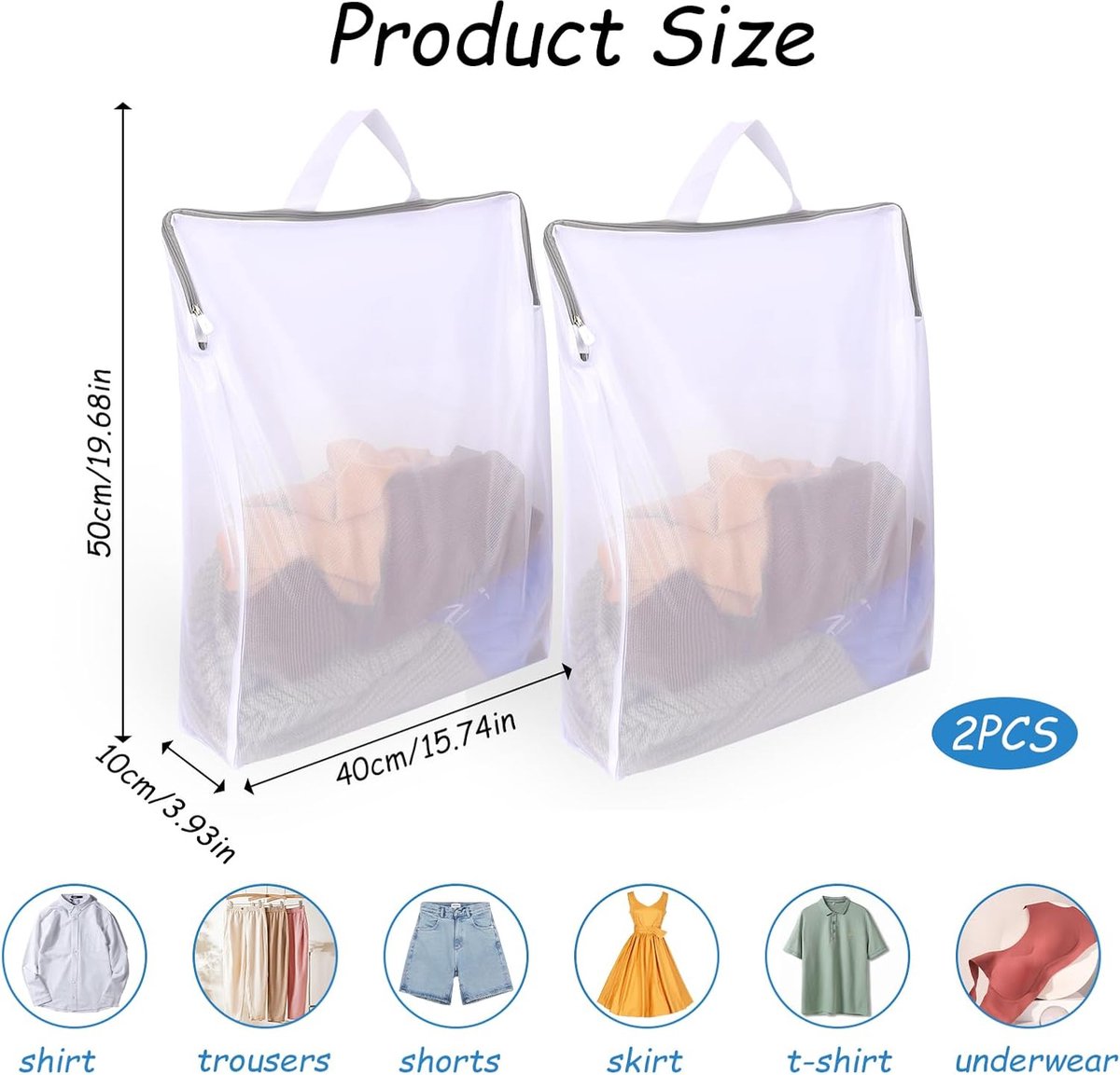 Laundry Bags 2 Pieces - Laundry Bags - Laundry Nets - Laundry Bags with Zippers - Protect Your Laundry and Washing Machine - 50x40x10 Cm - Large Laundry Net - Mesh Laundry Bags with Zippers - Reusable Laundry Bag with Handle - For Home, Dormitory, Hotel,