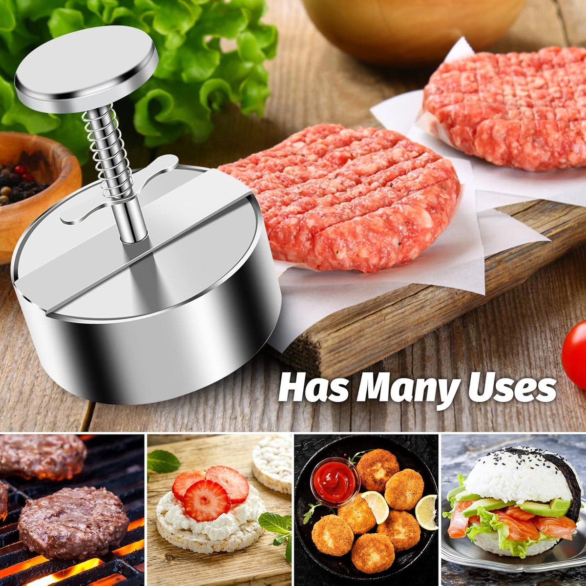 Meat Press - Burger Meat Press - Hamburger Press - Hamburger Press - Hamburger Mold - Kitchen Food Mold - Round Hamburger - Make Your Own Hamburgers - BBQ Accessories - For Delicious Hamburgers, Patties, BBQ, Hamburger Press - Silver - Stainless Steel