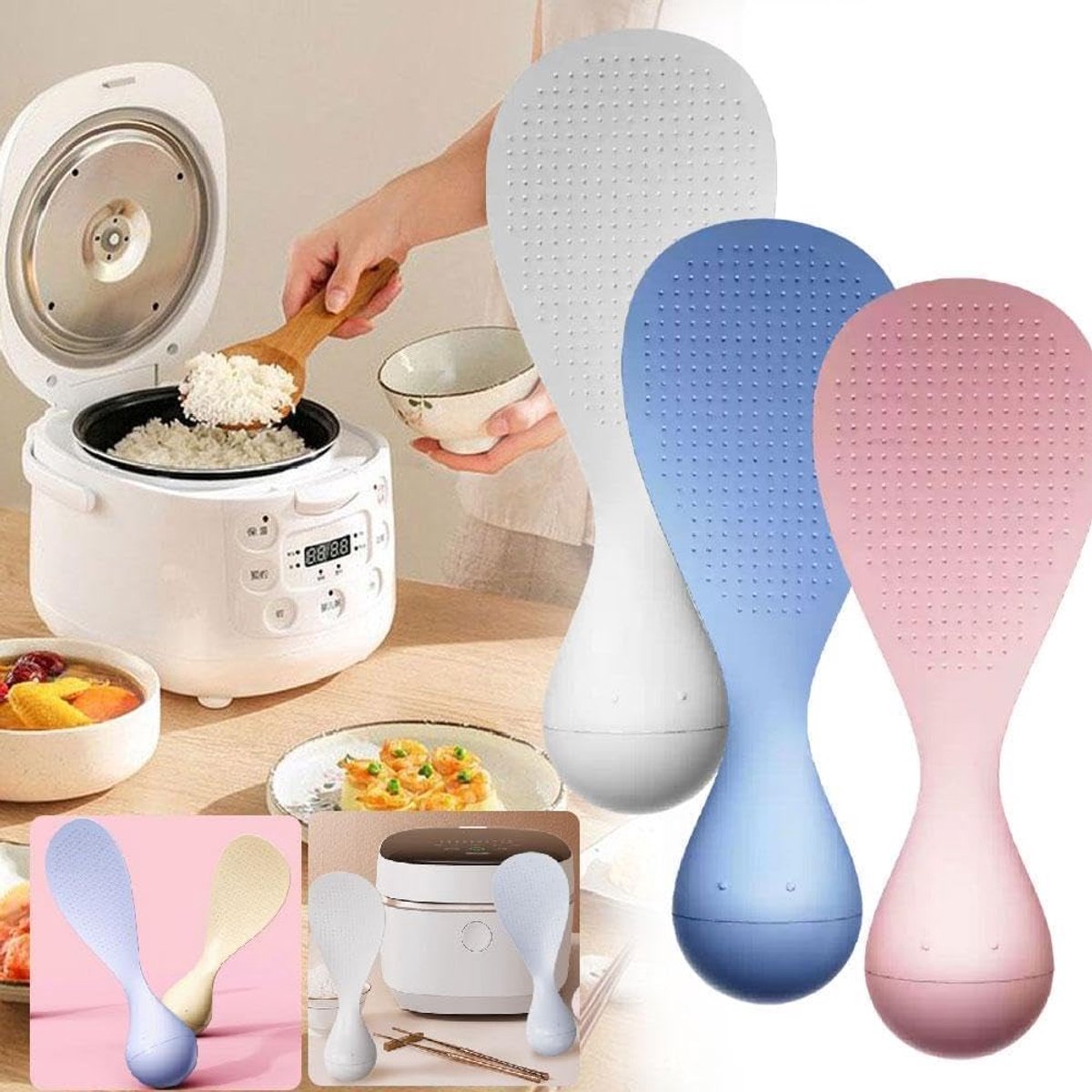 Rice Spoon - High Quality Serving Spoon - Drop-Proof Rice Spoon - Creative - Professional Rice Spoon - Non-Stick - Heat Resistant Kitchen Rice Spoon - Non-Slip Design - Silicone - Easy to Clean - Upright - White