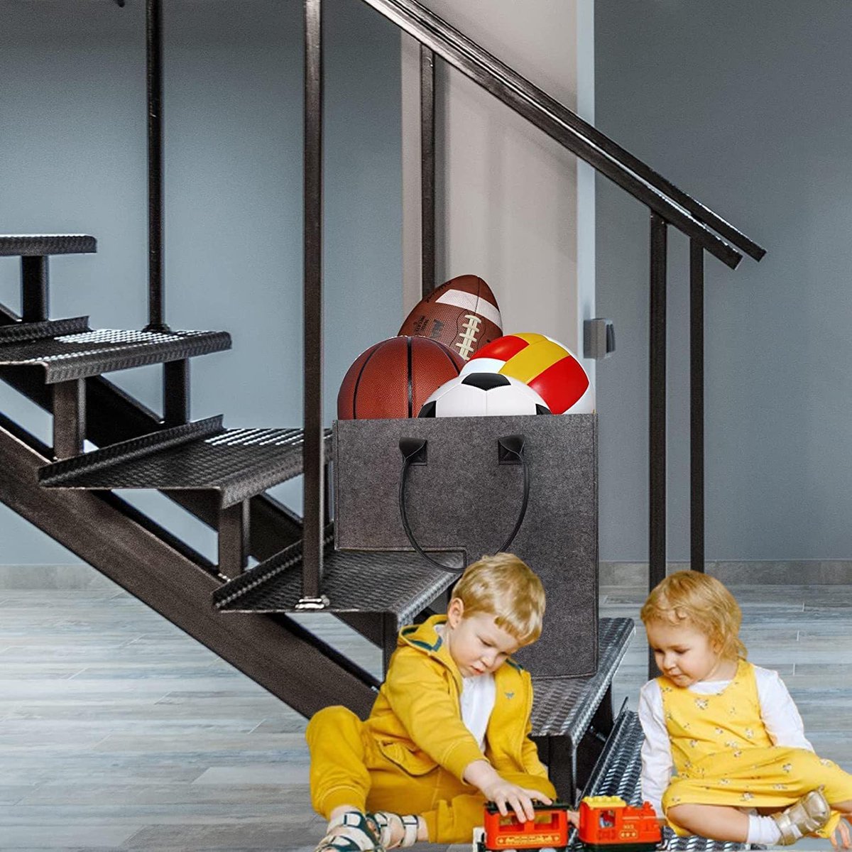 Stair Organizer Basket - Stair Basket - L-shaped Foldable Stair Basket - Storage Bag - Felt Stair Basket - Laundry Basket - Toy Basket - Household Items - for Laundry, Toys - 42*42*25.5 cm - Grey