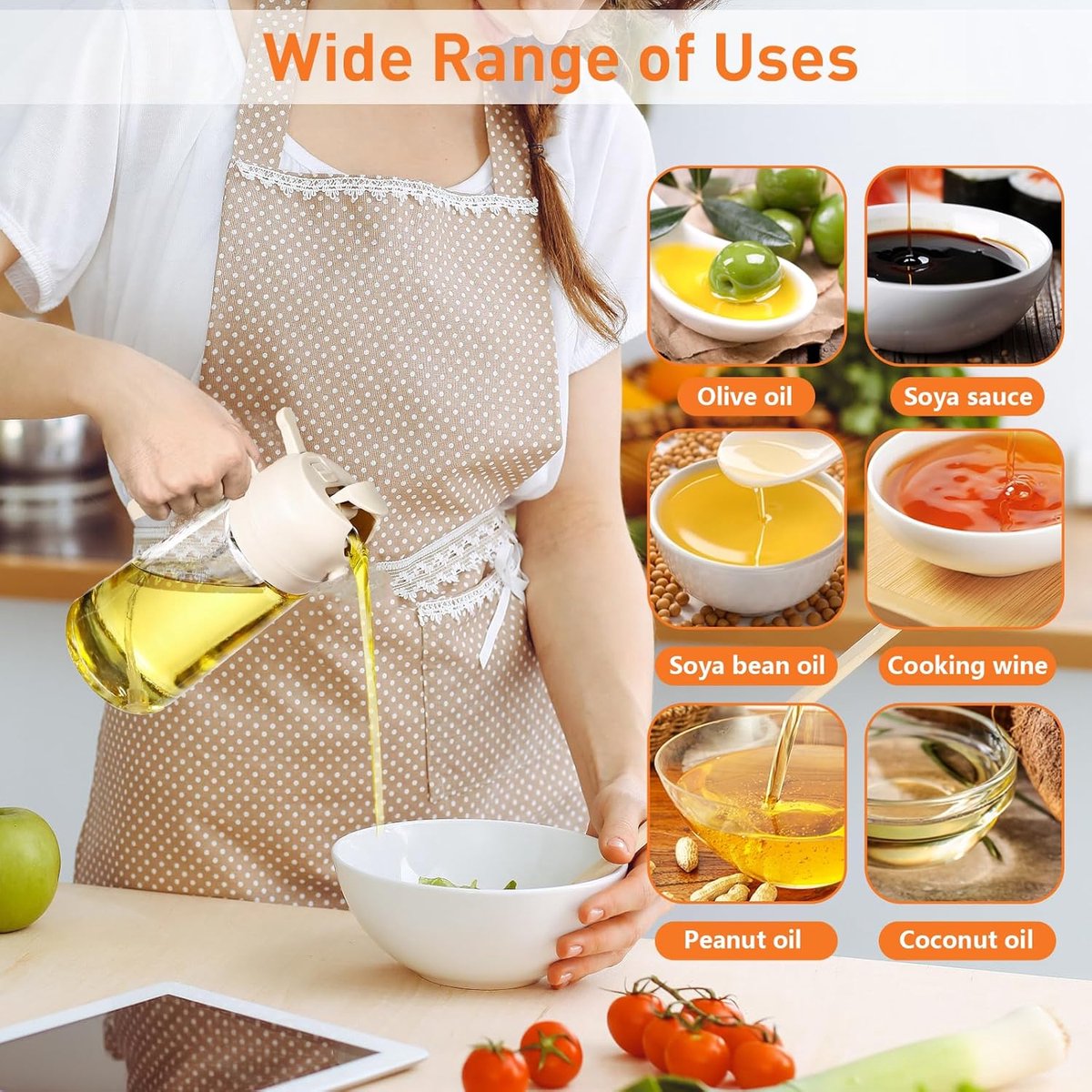 2-in-1 - Oil spray bottle - olive oil dispenser bottle - 470 ml - Olive oil sprayer - oil container - oil bottle - oil spray bottle - oil dispenser - oil atomizer - glass oil spray - kitchen utensil - spray and pour - for kitchen, BBQ, barbecue - white