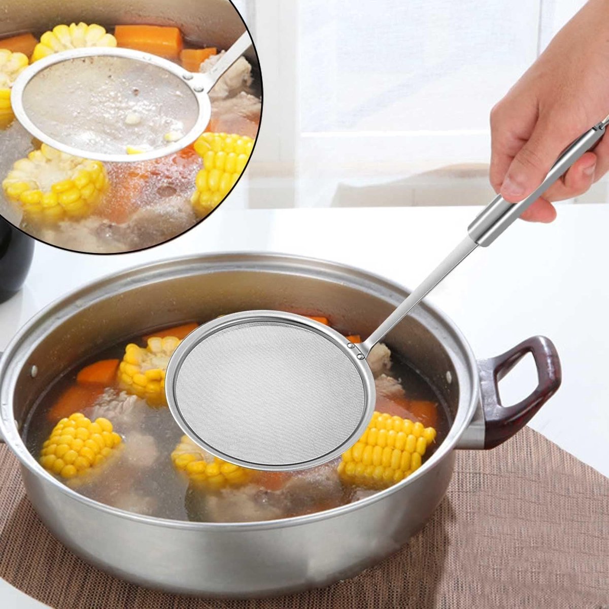 2 Pieces Stainless Steel Kitchen Sieve - Food Sieve - Sieve - Skimmer - Spoon-skimmer with handle and colander - Frying Spatula - for noodles / rice / vegetables / egg whites etc. - Colander - for filter residue - Skimmer Spoon - Silver - ø10 cm