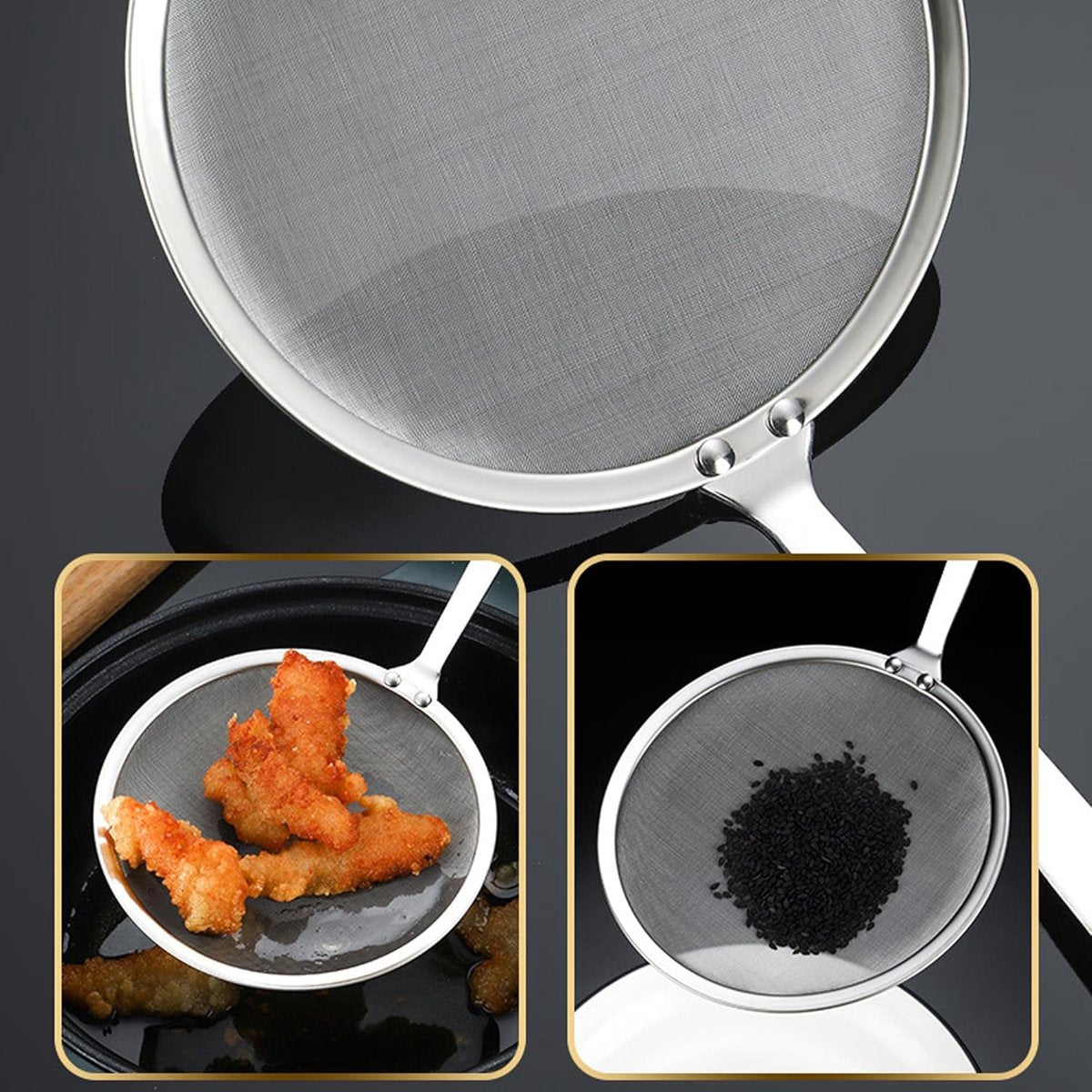 2 Pieces Stainless Steel Kitchen Sieve - Food Sieve - Sieve - Skimmer - Spoon-skimmer with handle and colander - Frying Spatula - for noodles / rice / vegetables / egg whites etc. - Colander - for filter residue - Skimmer Spoon - Silver - ø10 cm