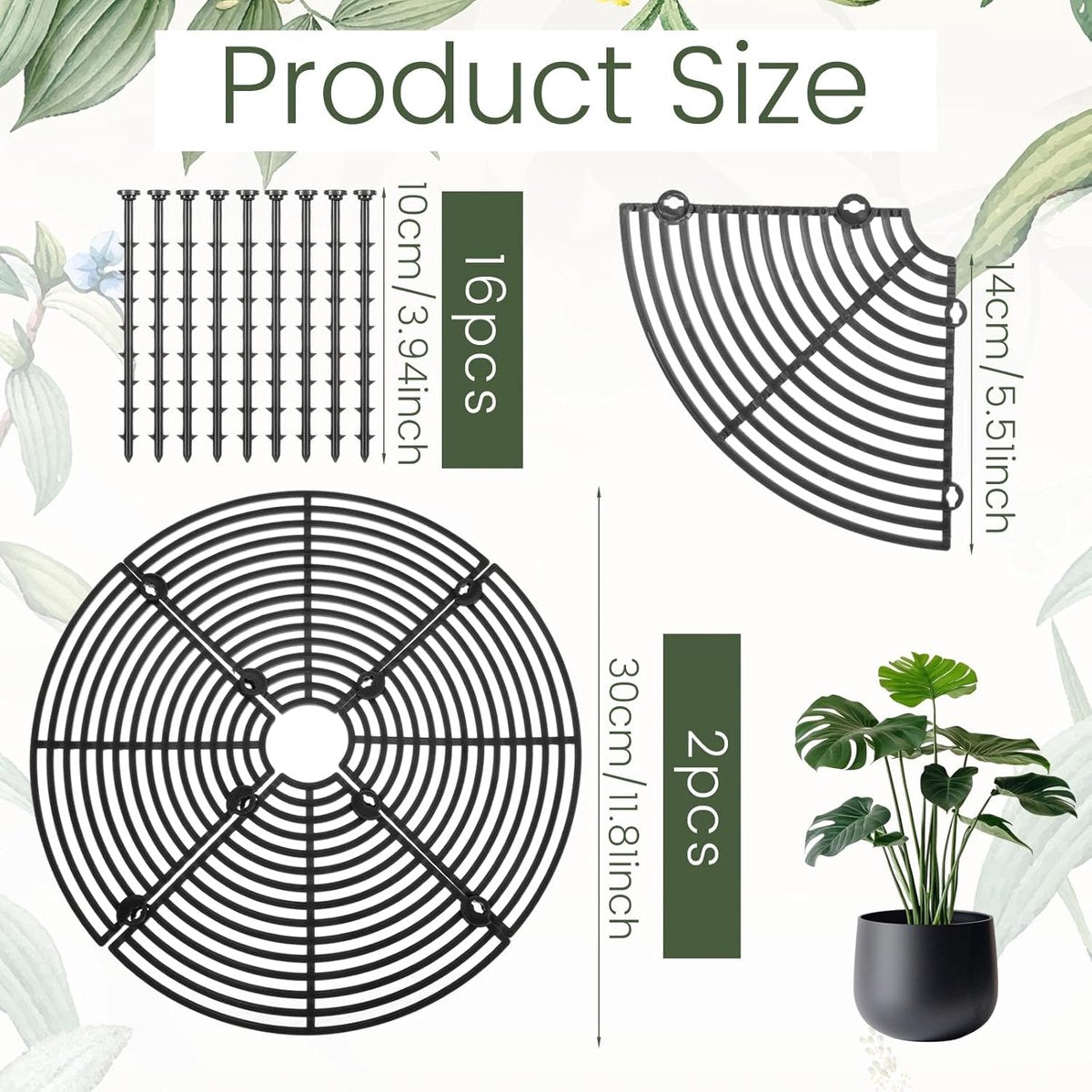 2 pieces - plant pot cover - 30 cm - Flowerpot grid - planter cover set - plantpot grid bottom protectors - with 16 posts - plant covers - for indoor and outdoor gardening - plant protectors - keeps cats and squirrels out of the flowerpot - black