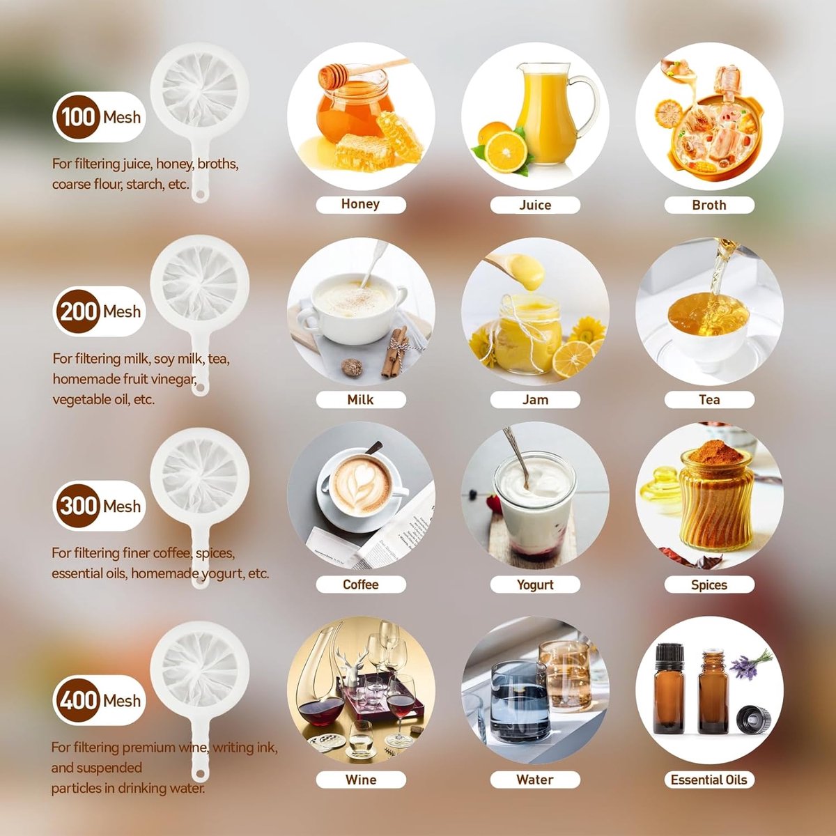 4 pieces - Filter screen - nylon fine sieve with handle - 100/200/300/400 mesh - food filter - fine mesh filter - plastic kitchen sieve - fine mesh sieve - for filtering juice, milk, wine, coffee - white - 14.5*24 cm