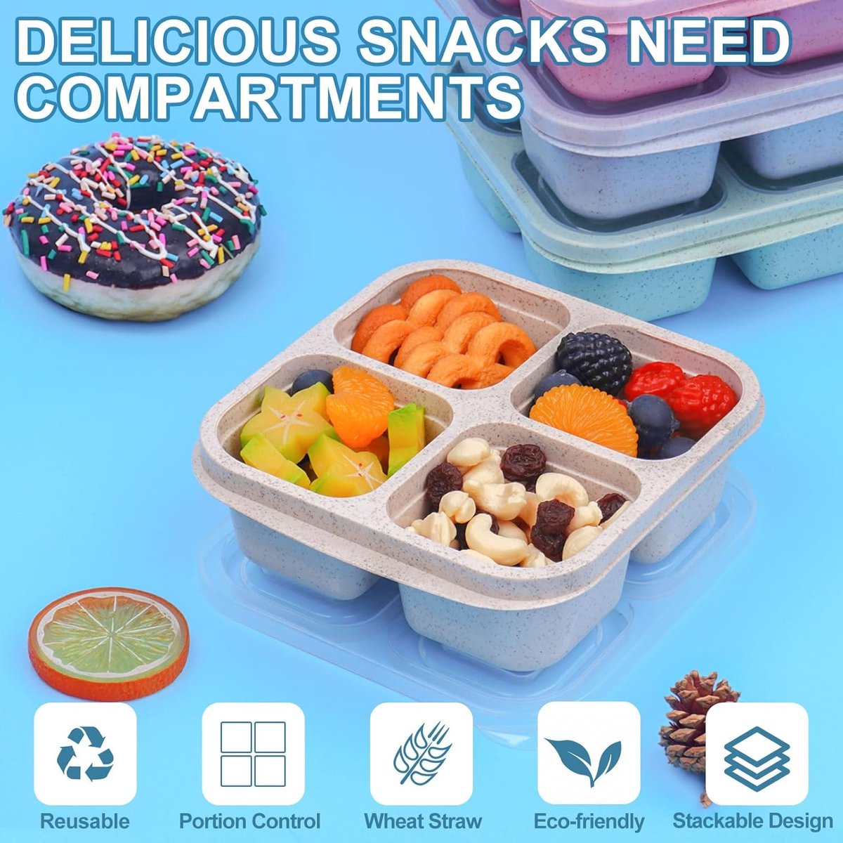 4-Piece Snack Boxes - Lunch Box - Bento Box - Divided Bento Boxes - Lunch Box - Salad Lunch Box - 4 Compartment Reusable Lunch Boxes - Sauce Container - For Children and Adults, Food Containers - For School, Work, Travel