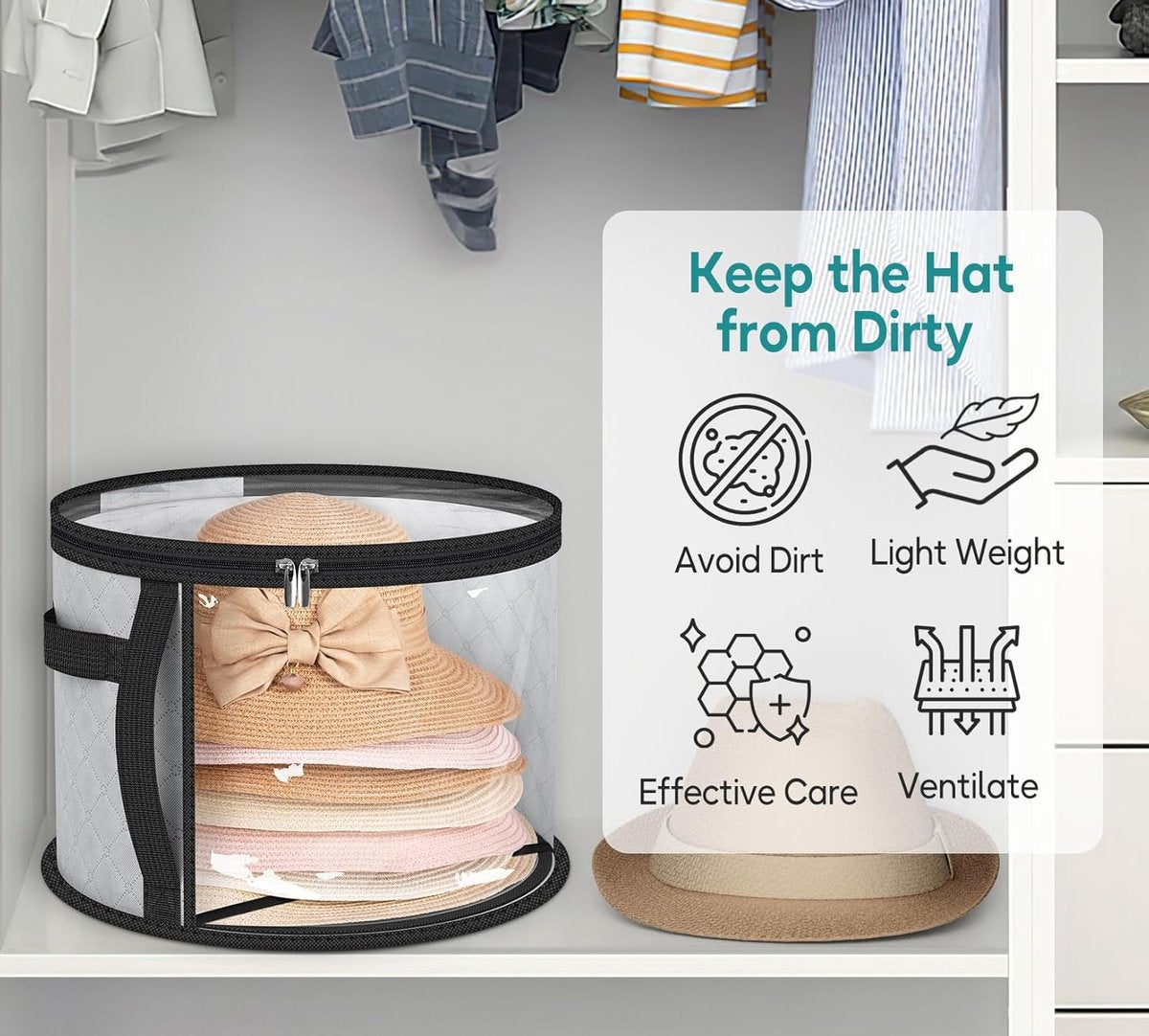 Hat Box - Hat Storage Box - Storage Box for Hats - Round Hat Boxes - Foldable Hat Storage Boxes - Stackable Hat Organizer - Baseball Cap Organizer - Hat Box - for up to 7 hats - perfect for your wardrobe - Grey