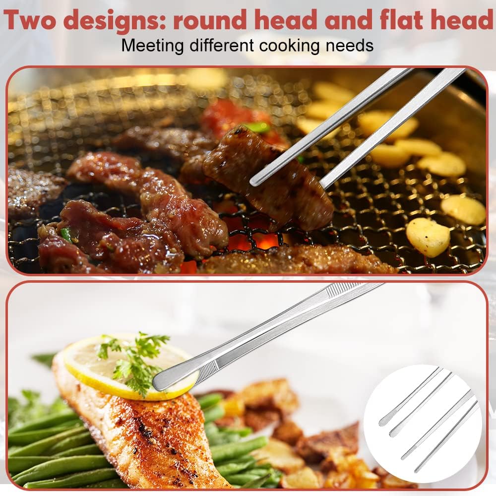 Kitchen Tongs, 2 Pieces BBQ Tongs with Serrated Tips, Kitchen Tongs, Stainless Steel, Long Tong, Professional Multi-Function, Straight Precision Tongs for Meats, Pasta Lining