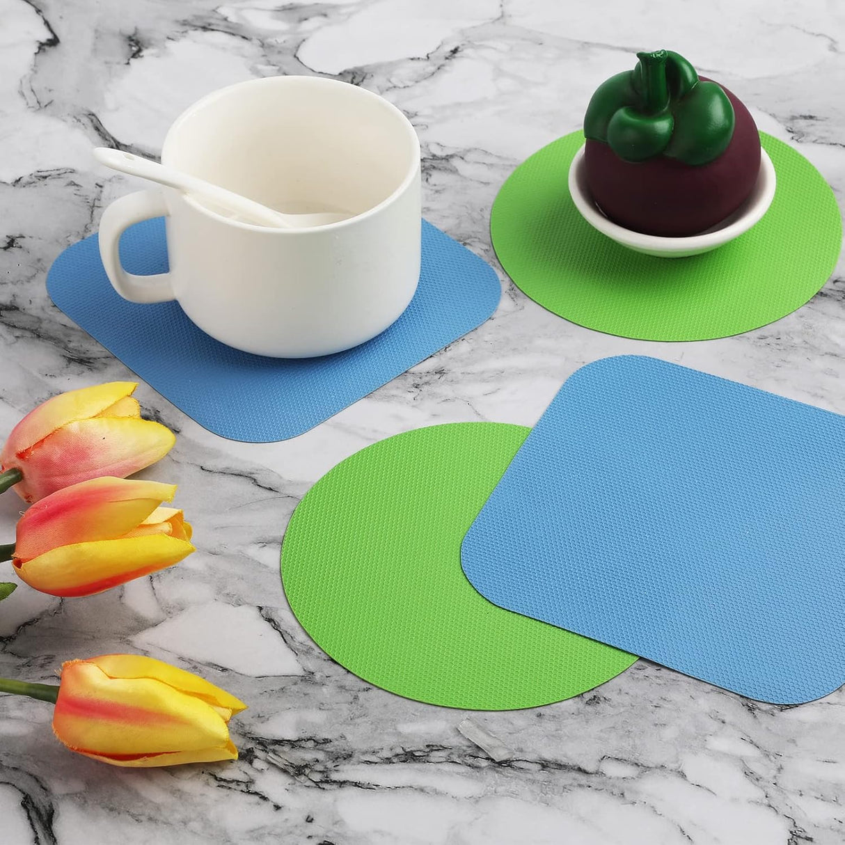 4pcs Jar Opener, Rubber, Multi-function Silicone Bottle Opener for Seniors with Arthritis Weak Hands Lid Cap Gripper Pads Kitchen Coasters Gadgets(Light Blue, Green)