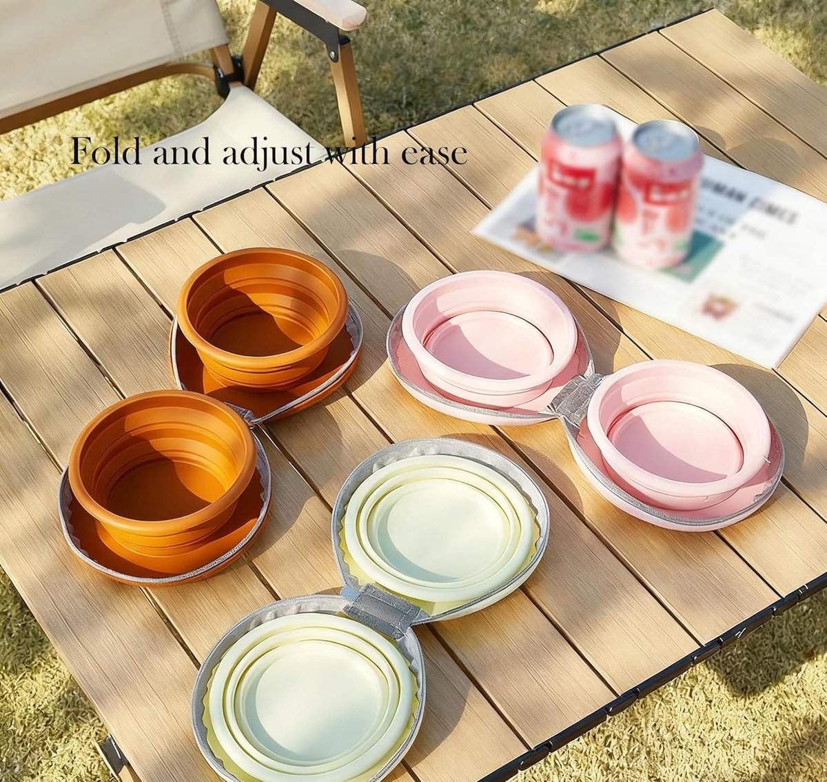 Dog Food Bowl - Foldable Dog Food Bowl - Outdoor Pet Food Bowl - 2-in-1 Dog Food Bowl - with Zippered Storage Bag and Carabiner - Suitable for Travel, Hiking, Camping and Other Activities (Pink)