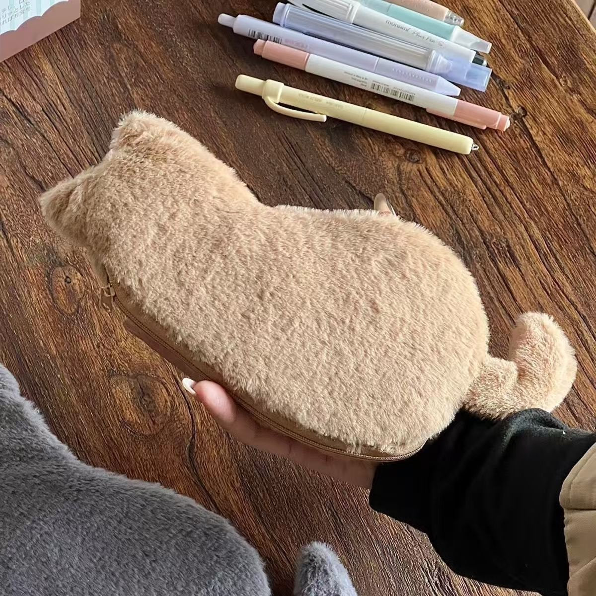 Student Storage Box - Pencil Case - Makeup Bag - Cute Cat Shaped Storage Bag - Creative Cat Shaped Storage Bag - Lightweight and Portable - Suitable for School, Office and Travel(Khaki)