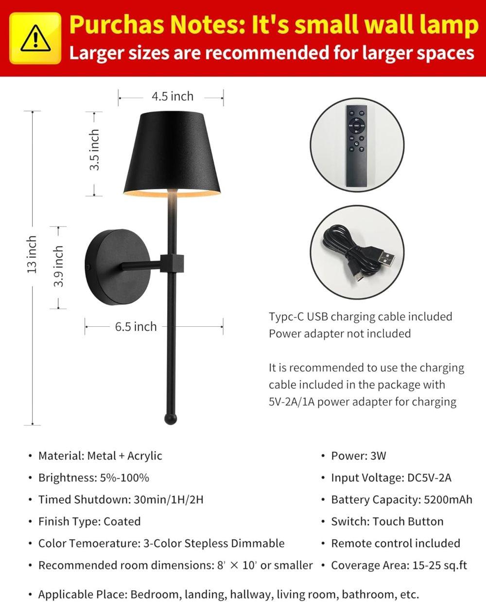 Wireless Wall Lamps 2-pack, LED Lamps with Rechargeable Battery, Stepless Dimmable with Remote Control