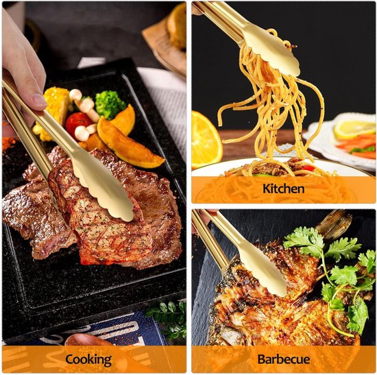 Bread Tongs - 4-Piece Set - Kitchen Tongs for Home Use - Gold Stainless Steel Serving Tongs - Grill Tongs - Steak Tongs - Kitchen Tongs - For Cooking, Salads, Buffets, Appetizers and Desserts