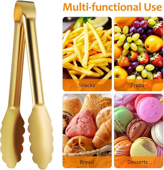 Bread Tongs - 4-Piece Set - Kitchen Tongs for Home Use - Gold Stainless Steel Serving Tongs - Grill Tongs - Steak Tongs - Kitchen Tongs - For Cooking, Salads, Buffets, Appetizers and Desserts
