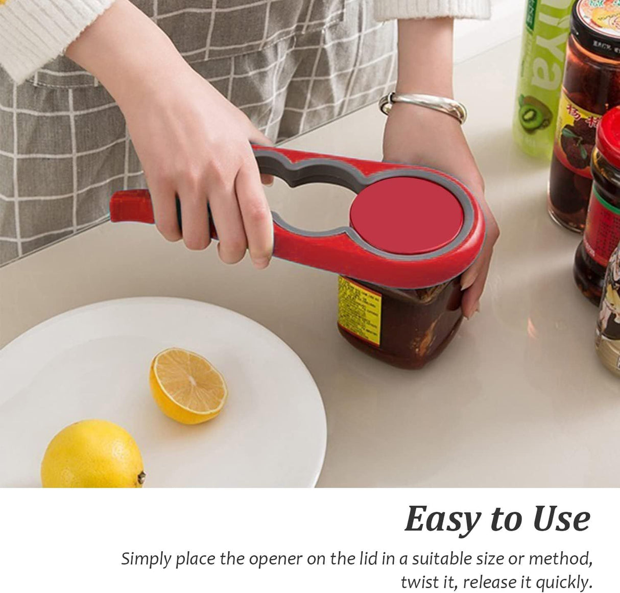 Multi-Function Jar and Bottle Opener, Non-Slip Kitchen Grip Tool for Twist Lids, Caps and Tabs for Everyday Use, Red