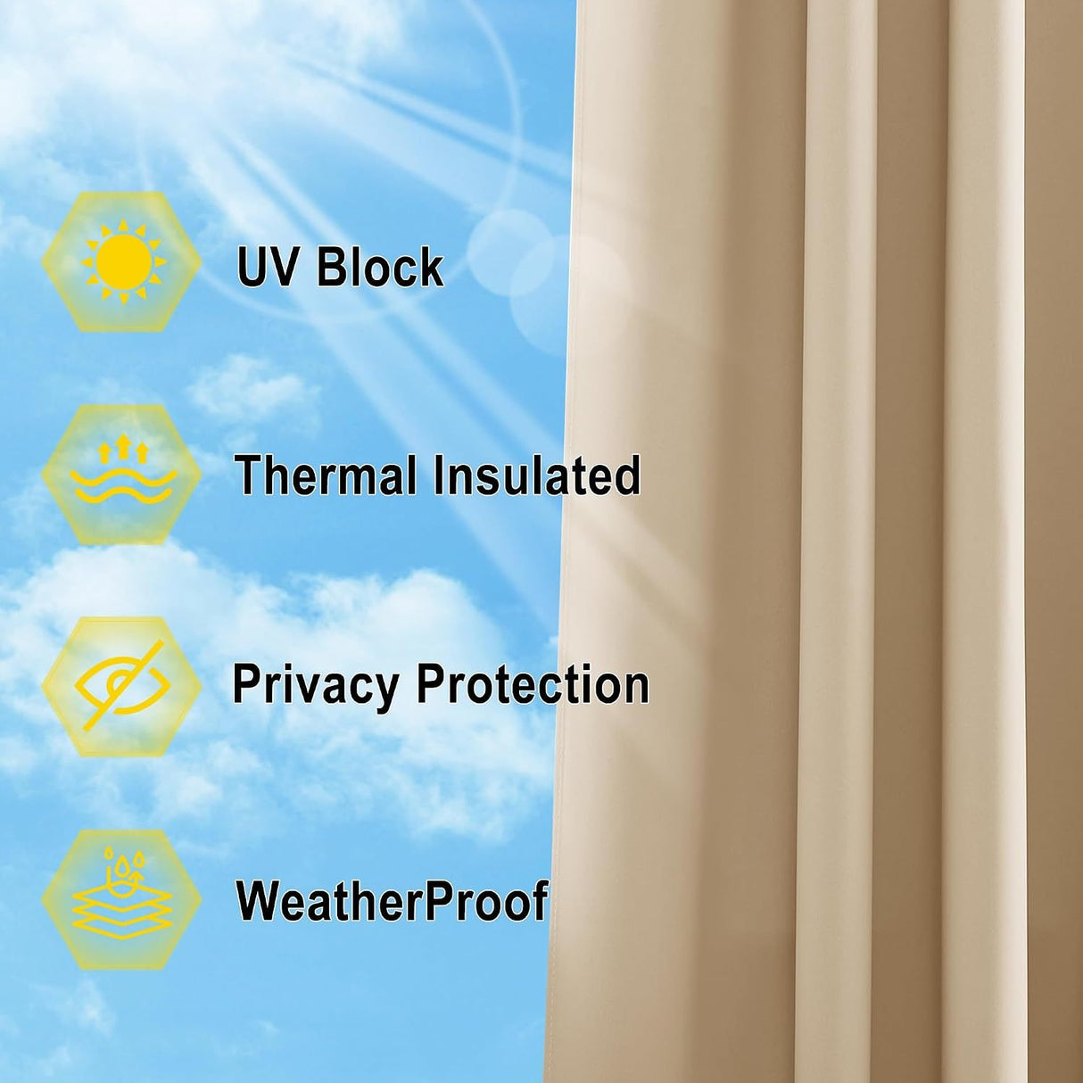 Waterproof Outdoor Patio Curtain, Blackout Gazebo Drape for Pergola, Porch and Privacy Screening, Single Panel, Biscotti Beige, 132 x 241 cm