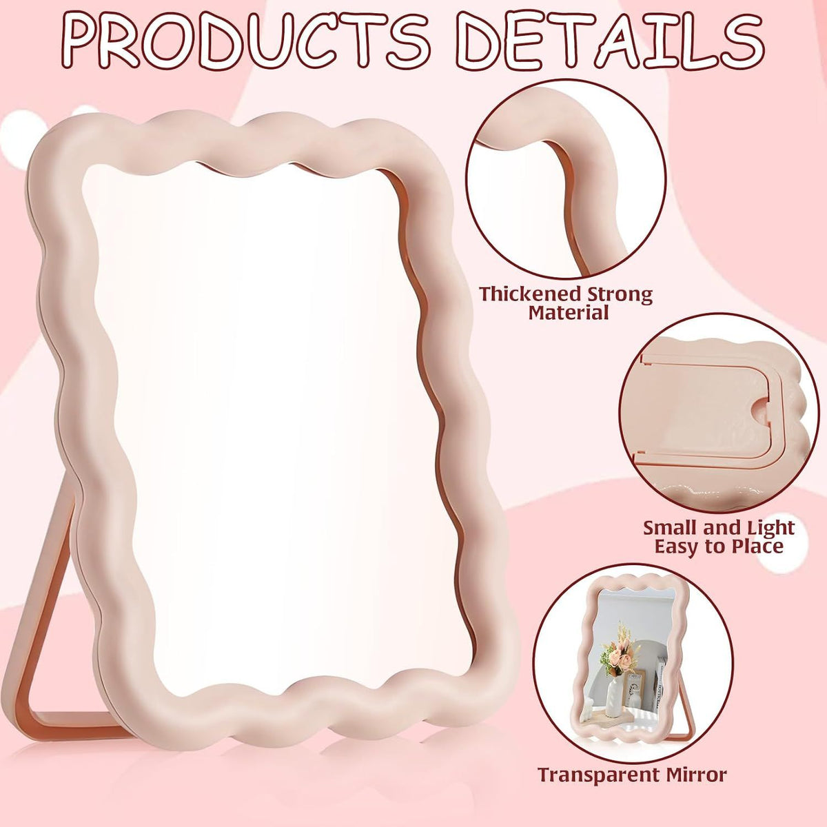 Wave-Shaped Folding Desk Mirror, Portable Pink Tabletop and Travel Mirror with Hanging and Standing Design for Vanity and Bedroom Decor, 17 x 14 cm