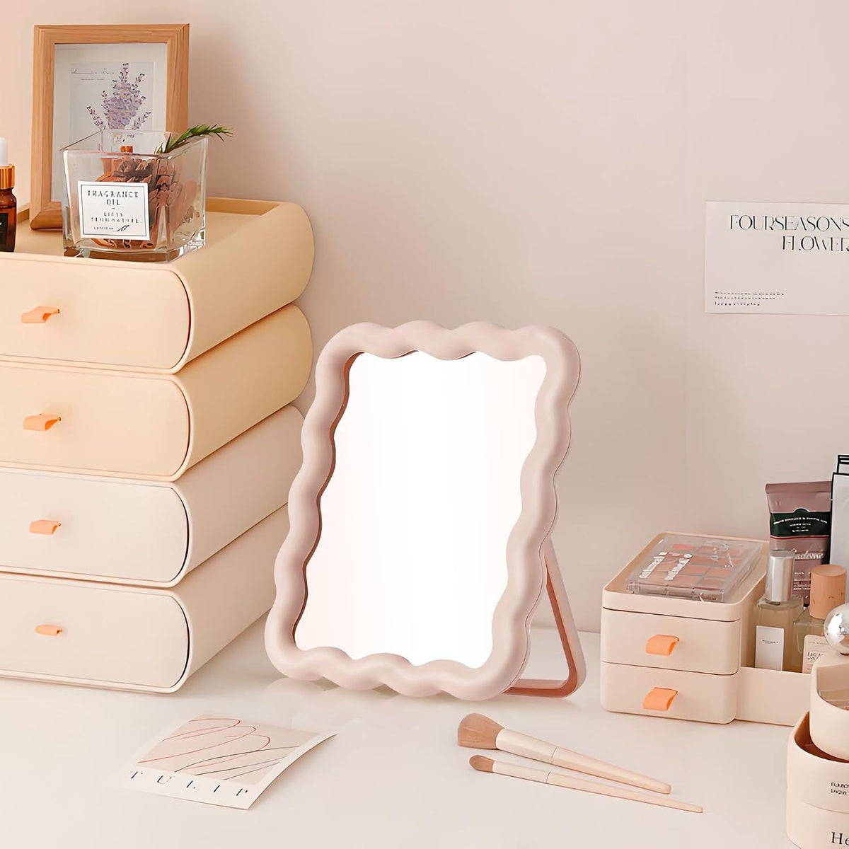 Wave-Shaped Folding Desk Mirror, Portable Pink Tabletop and Travel Mirror with Hanging and Standing Design for Vanity and Bedroom Decor, 17 x 14 cm