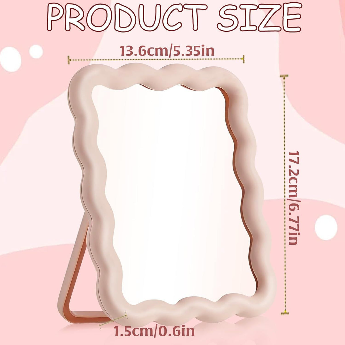 Wave-Shaped Folding Desk Mirror, Portable Pink Tabletop and Travel Mirror with Hanging and Standing Design for Vanity and Bedroom Decor, 17 x 14 cm