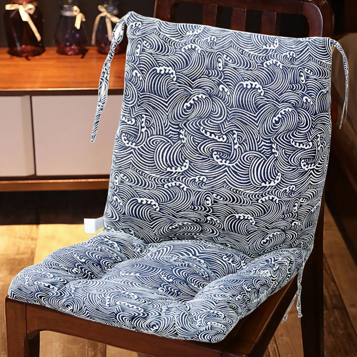 High Back Chair Cushion, All-Weather Rainproof Cushion with Straps, Indoor Outdoor Rocking Chair Pad for Patio, 15.74x15.74 Inch, Blue