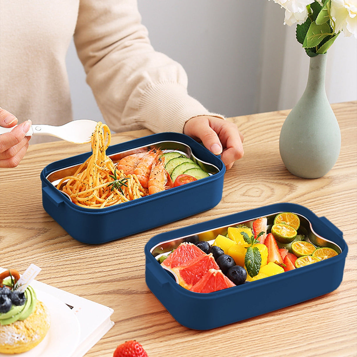 Xuniizn Bento Box Adult Lunch Box, Containers for Adults Men Women, Lunchable Food Container with Utensils, Sauce Jar, Muffin Liners, Microwave & Dishwasher Safe Blue#9