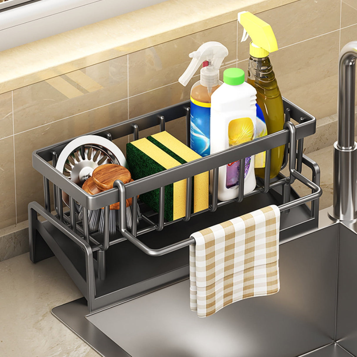 PALIFEUR Sponge Holder for Kitchen Sink, Kitchen Sink Organizer Rustproof 304 Stainless Steel Detachable Dishcloth Rack Sink Caddy, Kitchen Sponge Holder Bathroom Organizer Brush Holder Storage Gray