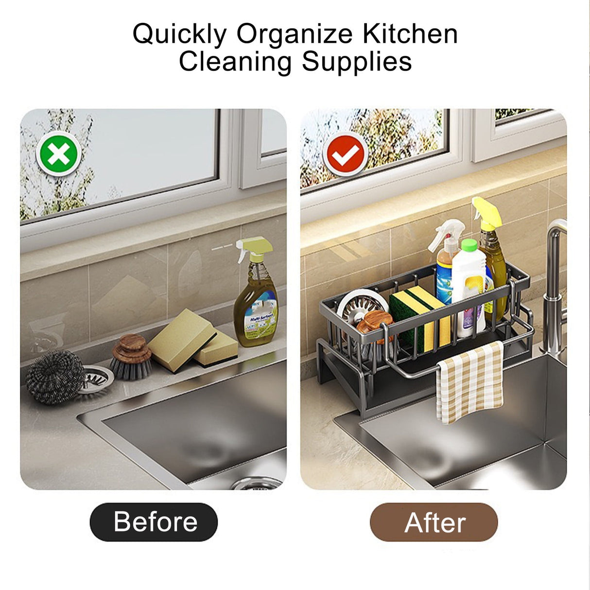 PALIFEUR Sponge Holder for Kitchen Sink, Kitchen Sink Organizer Rustproof 304 Stainless Steel Detachable Dishcloth Rack Sink Caddy, Kitchen Sponge Holder Bathroom Organizer Brush Holder Storage Gray