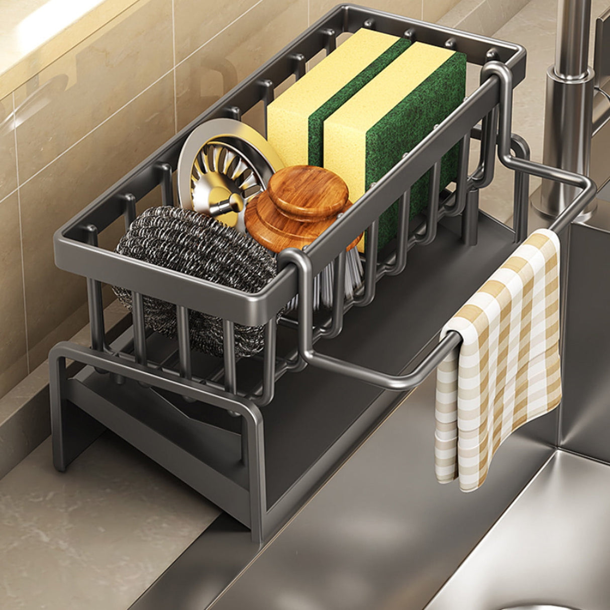 PALIFEUR Sponge Holder for Kitchen Sink, Kitchen Sink Organizer Rustproof 304 Stainless Steel Detachable Dishcloth Rack Sink Caddy, Kitchen Sponge Holder Bathroom Organizer Brush Holder Storage Gray