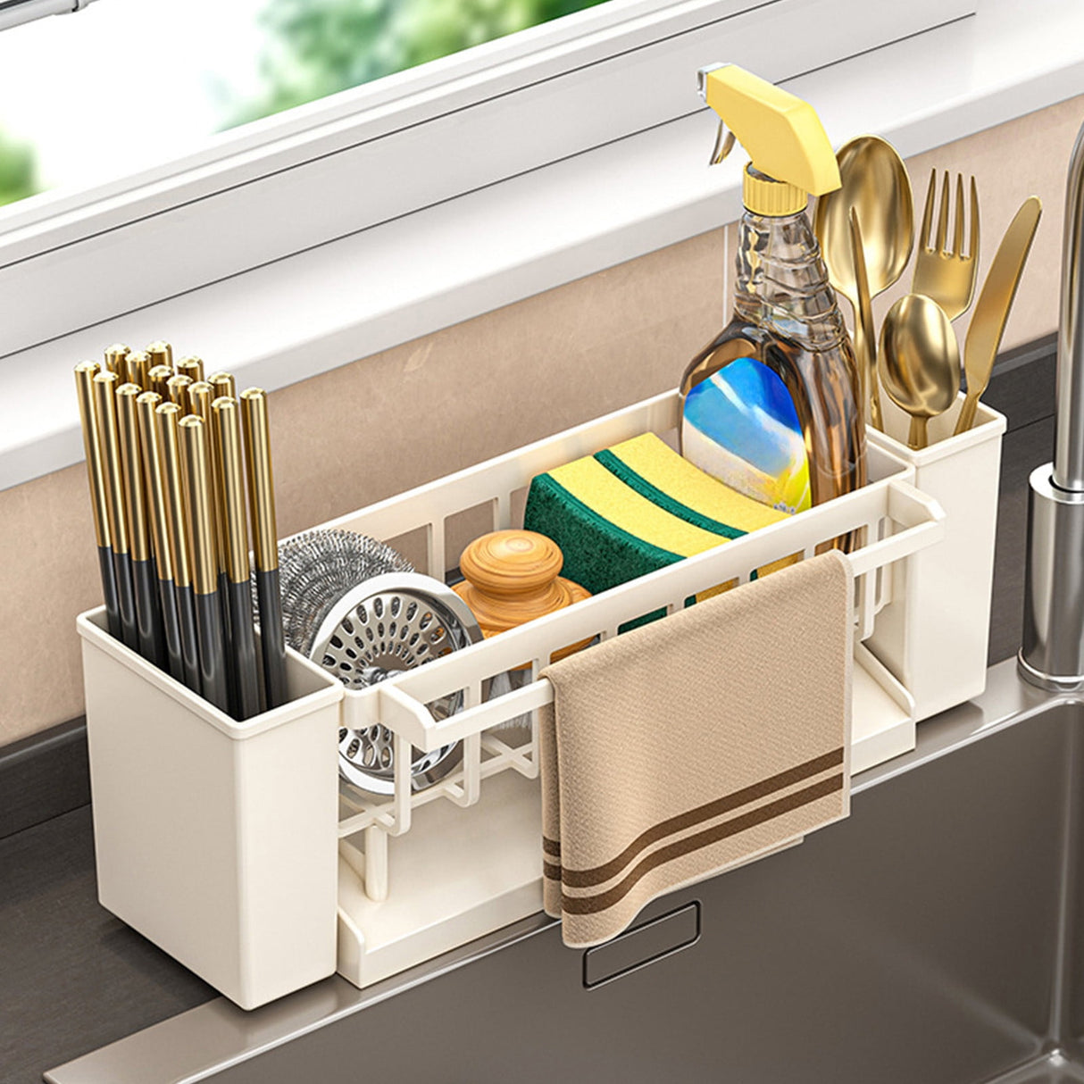 PALIFEUR Sponge Holder for Kitchen Sink, Kitchen Sink Organizer Rustproof 304 Stainless Steel Detachable Dishcloth Rack Sink Caddy, Kitchen Sponge Holder Bathroom Organizer Brush Holder Storage XB_#Beige