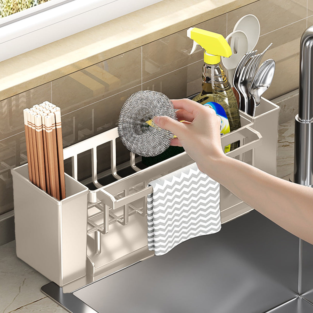 PALIFEUR Sponge Holder for Kitchen Sink, Kitchen Sink Organizer Rustproof 304 Stainless Steel Detachable Dishcloth Rack Sink Caddy, Kitchen Sponge Holder Bathroom Organizer Brush Holder Storage XB_#Beige