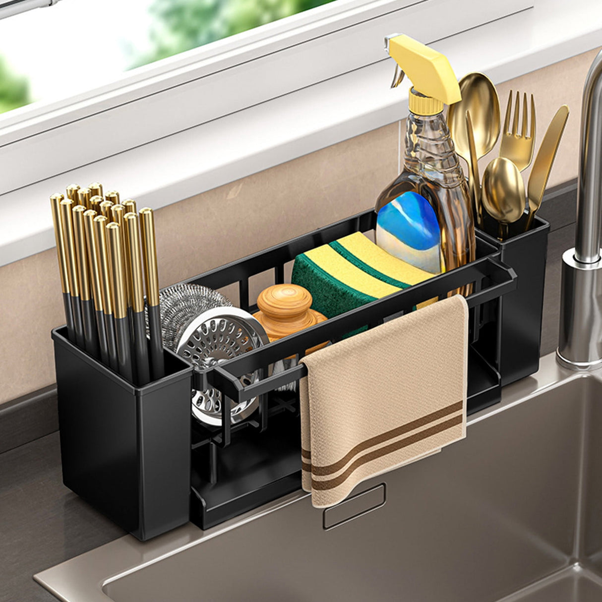 PALIFEUR Sponge Holder for Kitchen Sink, Kitchen Sink Organizer Rustproof 304 Stainless Steel Detachable Dishcloth Rack Sink Caddy, Kitchen Sponge Holder Bathroom Organizer Brush Holder Storage XB_#Black